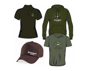 An image of a Juvanzé Lakes polo shirt, hoodie, cap and t-shirt.