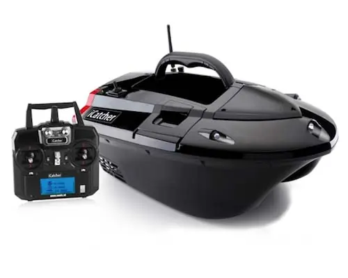 A stock photo of a bait boat and controller on a white background.